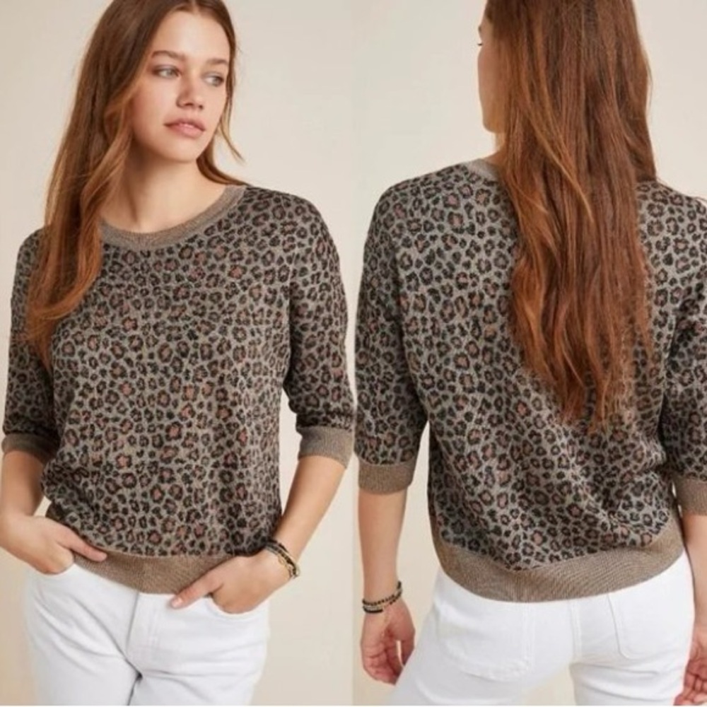 Anthropologie Metallic Leopard Cheetah Print 3/4 Sleeve Sweater Top Size L
